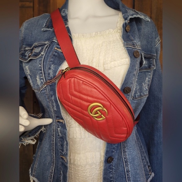 Gucci Red Leather Belt Bag Gucci Marmont GG Red Fanny pack Gucci Waist Bag - Picture 3 of 14
